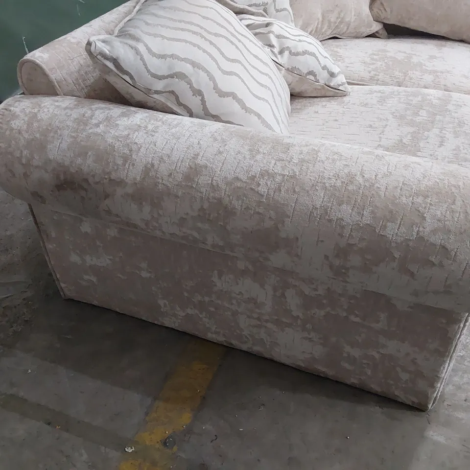 DESIGNER TWO SEATER SCROLL ARM SOFA WITH SCATTER CUSHIONS SILVER FABRIC & STUDDED DETAIL