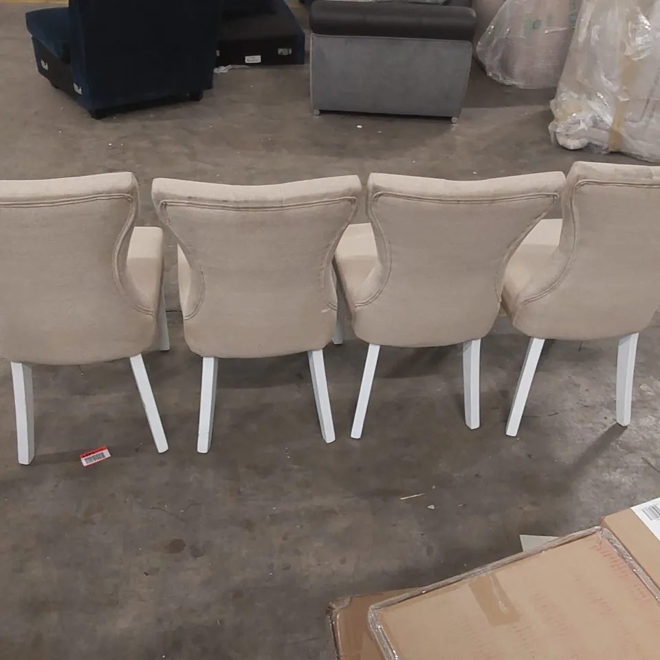 SET OF 4x BEWLEY DINING CHAIR, OATMEAL CLASSIC LINEN-WEAVE FABRIC & WHITE SOLID HARDWOOD