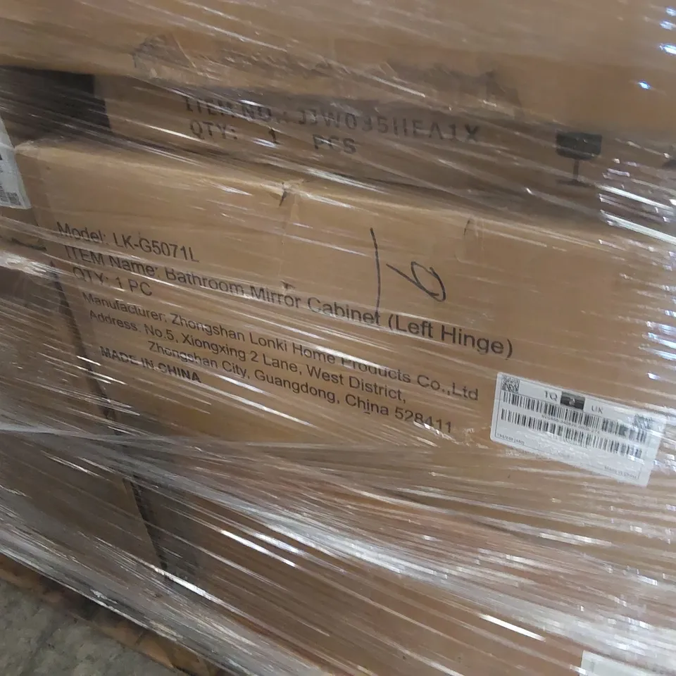 PALLET CONTAINING A LARGE ASSORTMENT OF CONSUMER PRODUCTS INCLUDING: BATHROOM MIRRORS, BATHROOM MIRROR CABINETS, INDUCTION COOKER ECT
