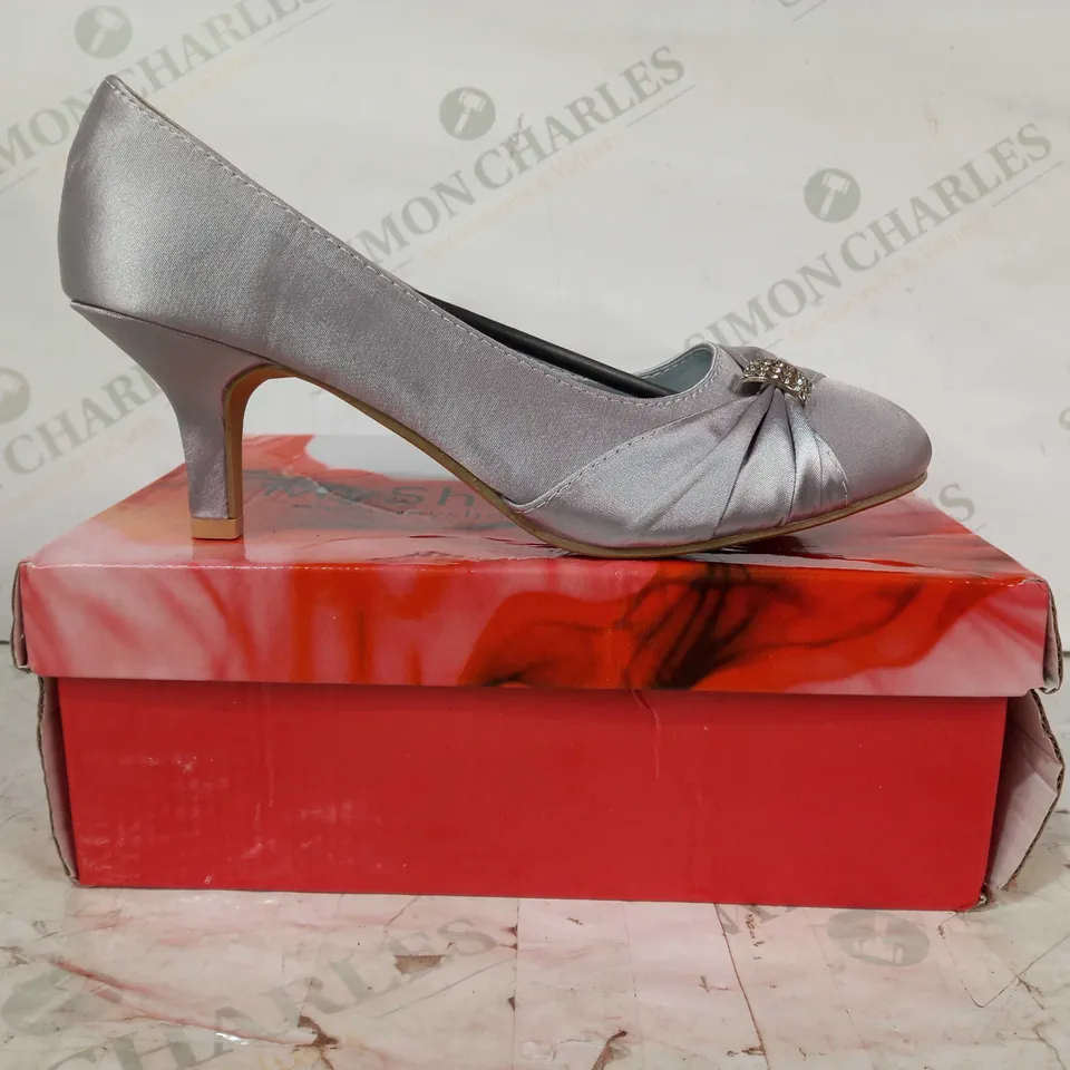 BOXED PAIR OF MY SHOE STORE CLOSED TOE SLIP-ON HEELS IN SATIN SILVER COLOUR W. JEWEL EFFECT SIZE 5