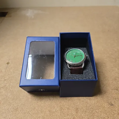 TALIS CO. WRISTWATCH – GREEN DIAL, BROWN LEATHER STRAP, BOXED