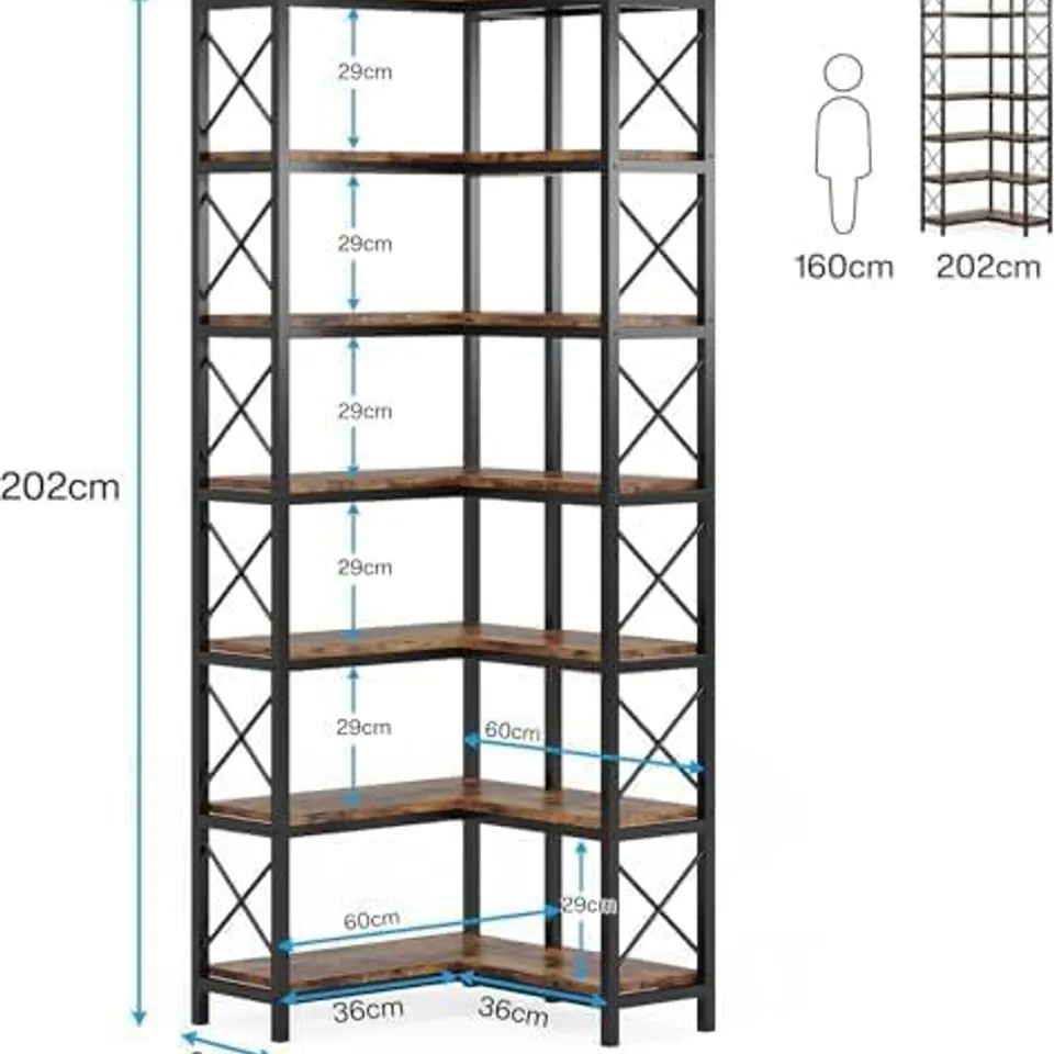 L SHAPED CORNER BOOKSHELF, 7 TIER TALL WOODEN SHELF