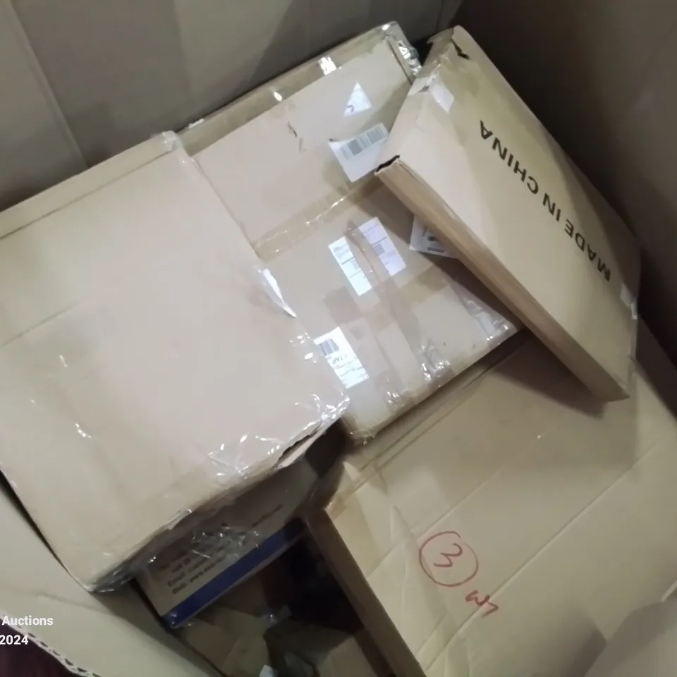 PALLET OF MIXED BOXED HOUSEHOLD ITEMS TO INCLUDE; FANS, AIR FRYER, TROLLEY, MIRROR TILES ETC.