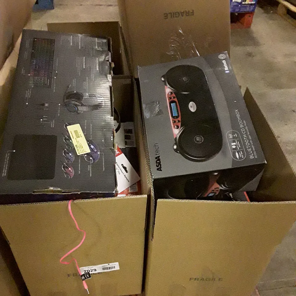 5 BOXES OF ASSORTED ELECTRONIC PRODUCTS INCLUDING KEYBOARD & MOUSE, AERIAL, HEADPHONES, UNIVERSAL REMOTE, DVD PLAYER