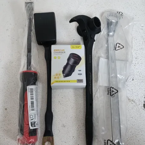 box of assorted car items to include tools - usb adapters - buttons