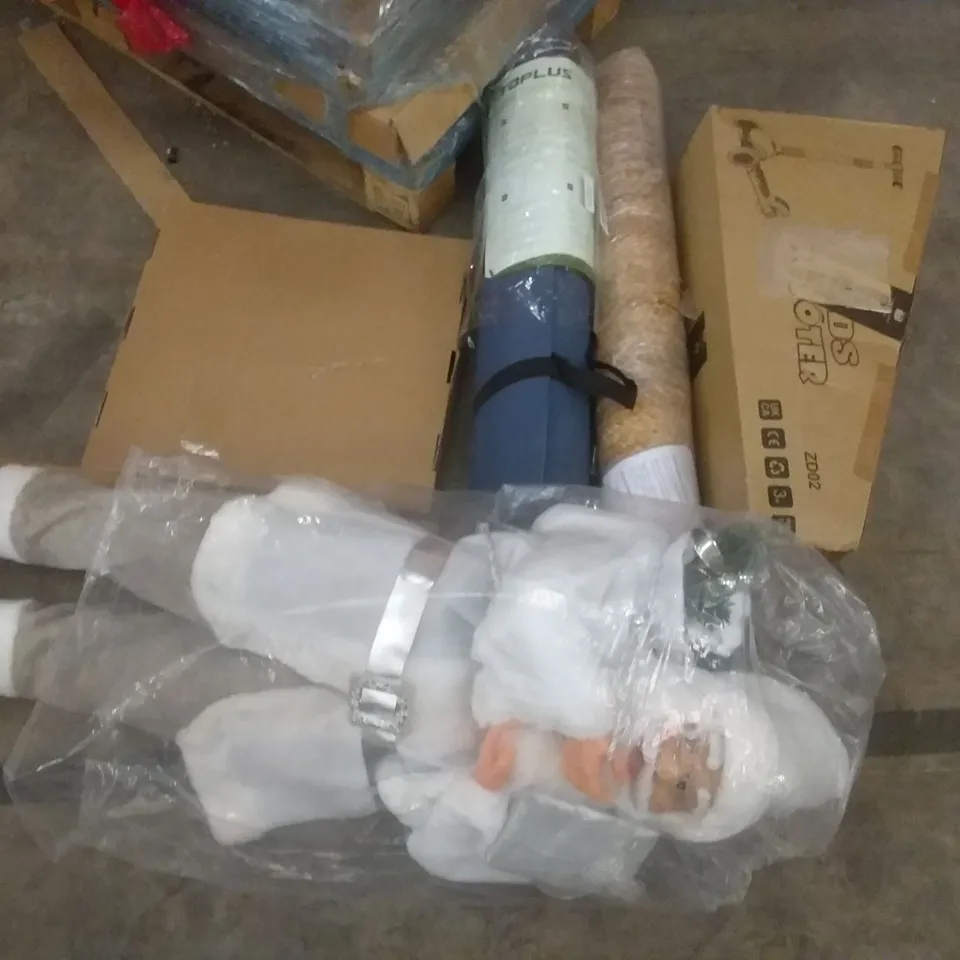 PALLET OF ASSORTED ITEMS INCLUDING KIDS SCOOTER, PARZUNE ELECTRIC PATIO HEATER, MDF FRAME BLACK BOARD, TINSEL TIME SILVER STANDING SANTA, DRY ERASE CALANDER, TOPLUS YOGA MAT