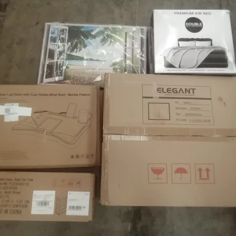 PALLET OF ASSORTED ITEMS INCLUDING ELEGANT LED MIRROR, DELUXE LAP DESK, SMALL END TABLE, GETFIT PREMIUM DOUBLE AIR BED, FRAMED PRINT