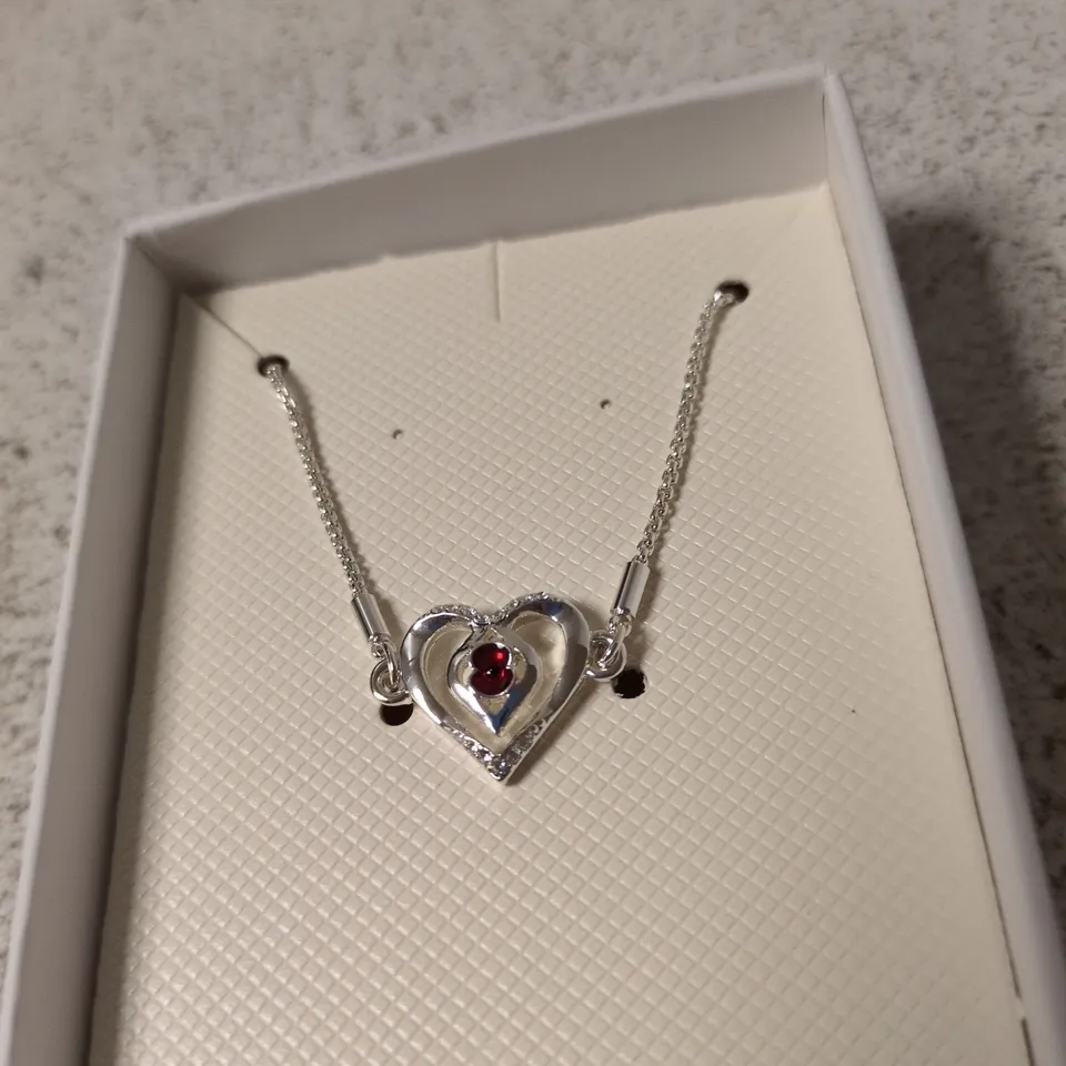 SILVER HEART PENDANT NECKLACE WITH RED GEMSTONE – BOXED