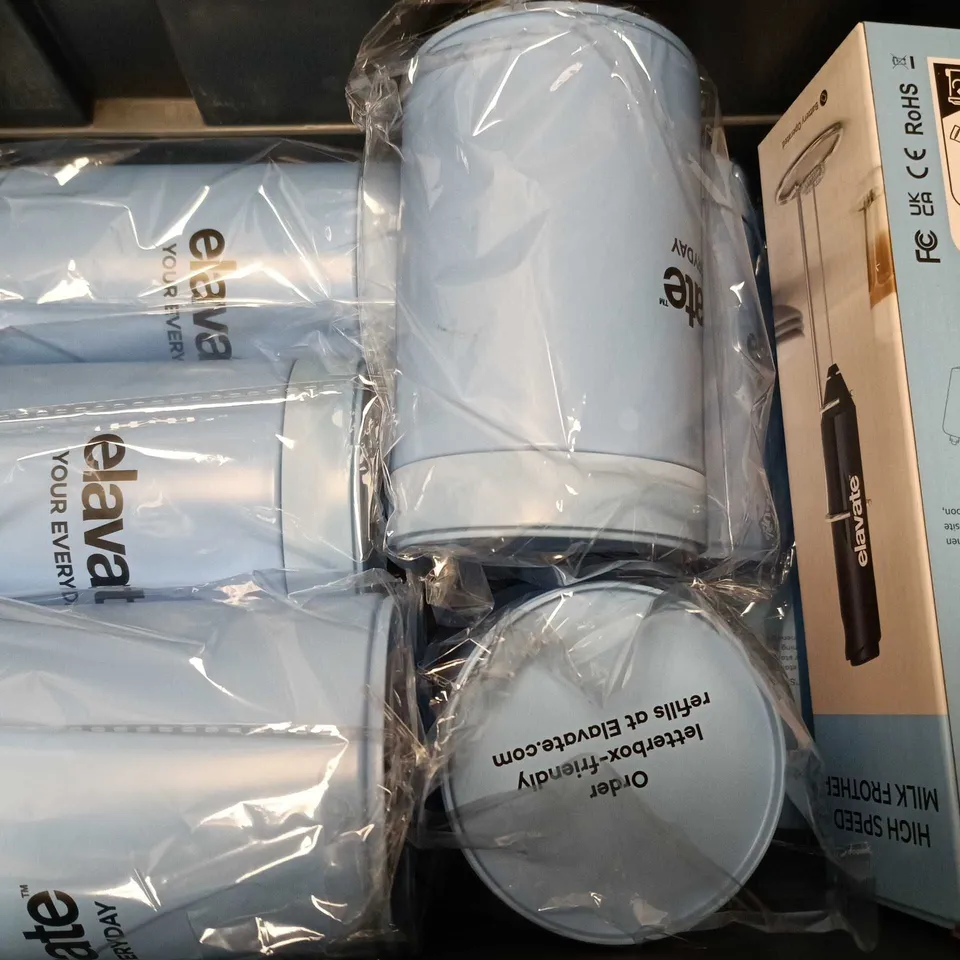 APPROXIMATELY 10 ASSORTED ELAVATE PRODUCTS TO INCLUDE HIGH SPEED MILK FROTHER, STAINLESS STEEL STRAW SET, STORAGE TUB