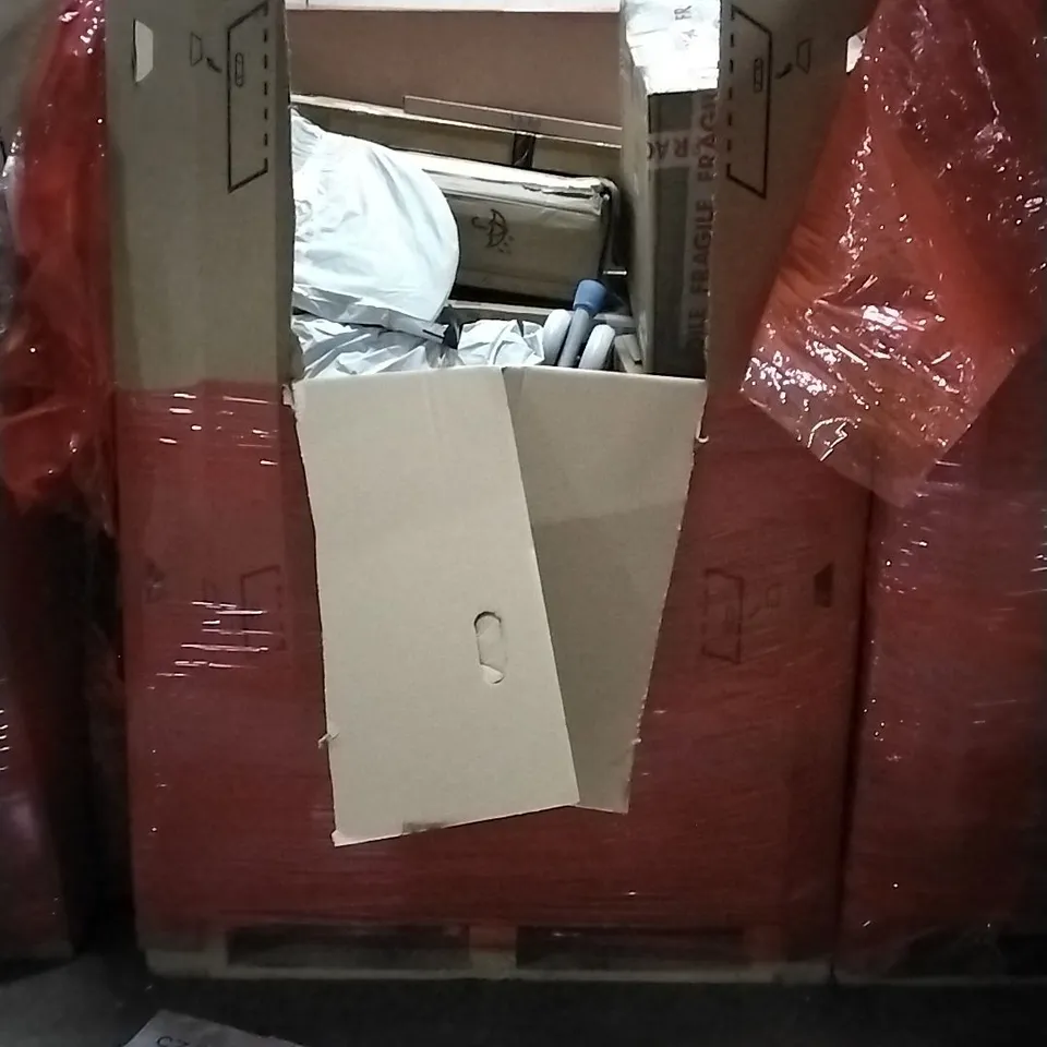 PALLET OF HOUSEHOLD ITEMS TO INCLUDE FISHING ROD, KICK SCOOTER, CURTAIN ROD AND OTHER ASSORTED ITEMS...