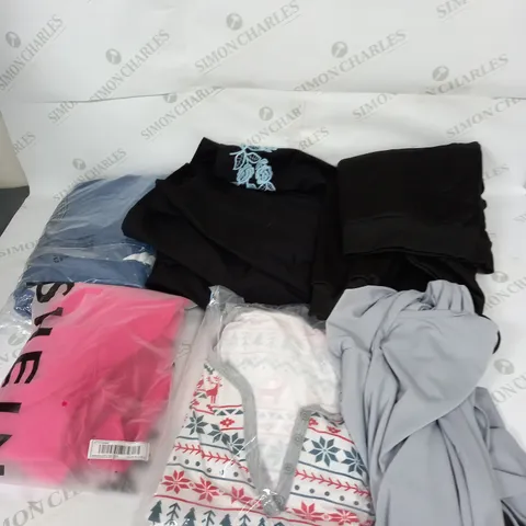 LARGE BOX OF ASSORTED CLOTHING ITEMS IN VARIOUS COLOURS AND SIZES INCLUDING TROUSERS , TOPS AND JUMPERS