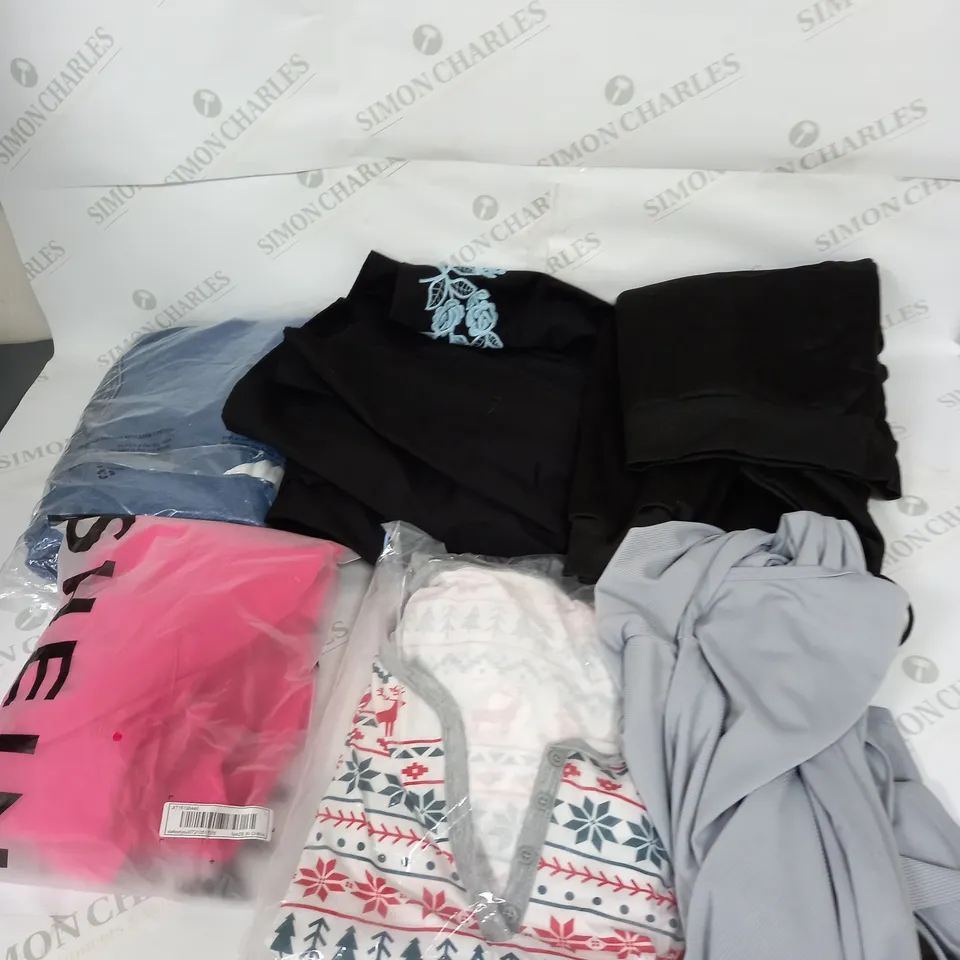 LARGE BOX OF ASSORTED CLOTHING ITEMS IN VARIOUS COLOURS AND SIZES INCLUDING TROUSERS , TOPS AND JUMPERS 