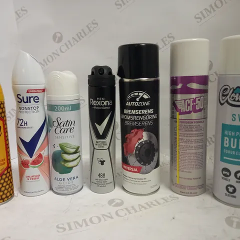 LOT OF APPROXIMATELY 20 ASSORTED AEROSOLS, TO INCLUDE DEODORANT, WOOD SILK, ACF-50, ETC - COLLECTION ONLY