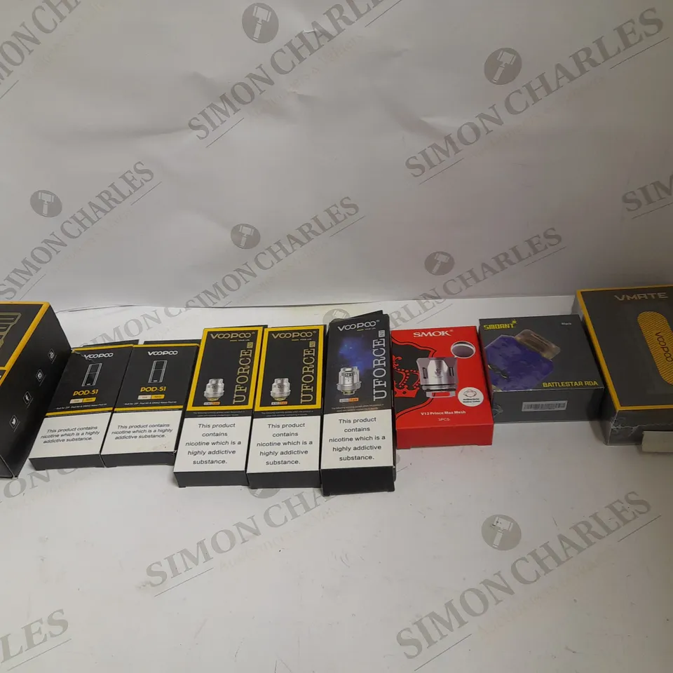 LOT OF APPROXIMATELY 10 E-CIGARETTE RELATED ITEMS TO INCLUDE SMOK V12 PRINCE MAX MESH, SMOK ALIEN MOD, VOOPOO VMATE ETC. 