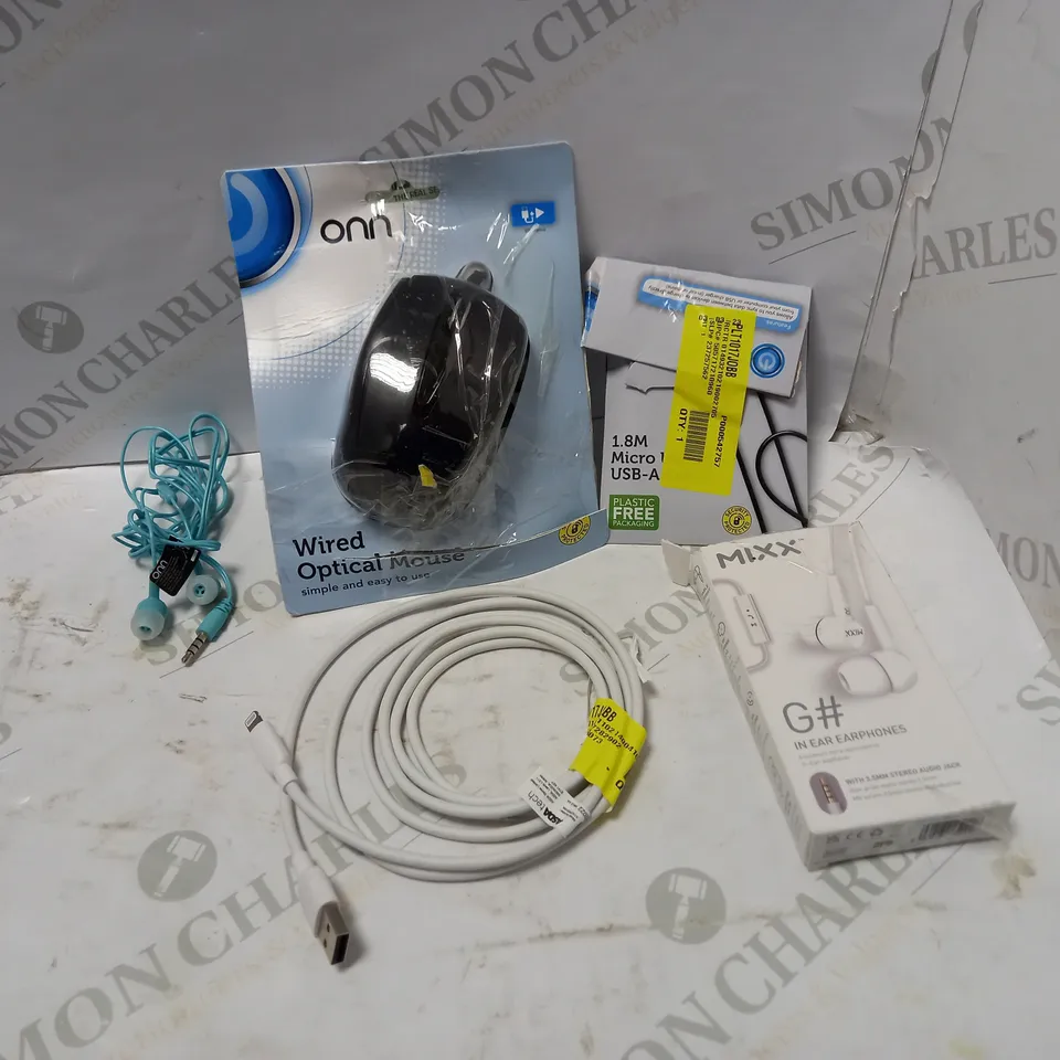 LOT OF FIVE TO INCLUDE WIRED OPTICAL MOUSE , EARPHONES , ETC
