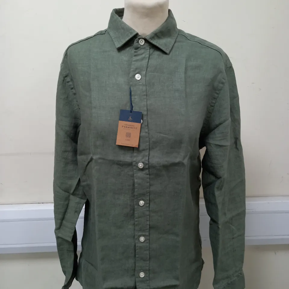 CHARLES TYRWHITT OLIVE GREEN PURE LINEN SHIRT SIZE S