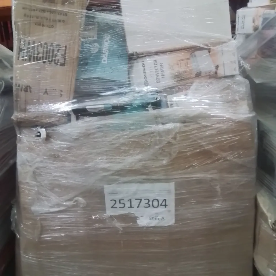 Pallet containing various electrical items and household products to include: 2000w convector heater,2000w fan heater 