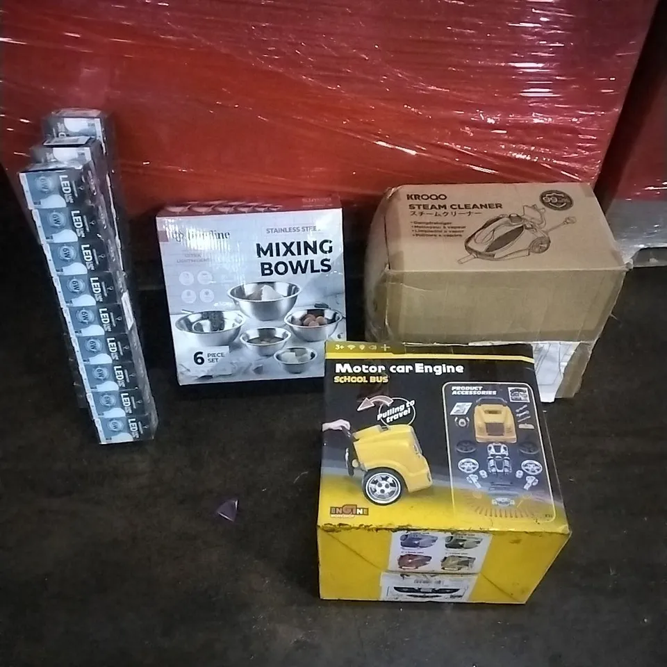 PALLET OF HOUSEHOLD ITEMS TO INCLUDE LED 6W BULBS, MIXING BOW,STEAM CLEANER, MOTOR CAR ENGINE TOY AND OTHER ASSORTED ITEMS...