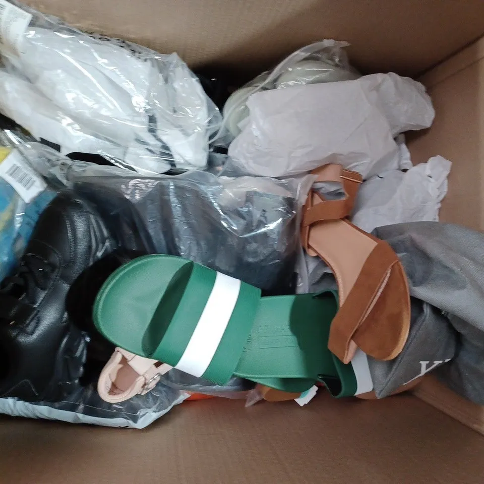 BOX OF APPROXIMATELY 10 PAIRS OF SHOES AND FOOTWEAR ITEMS IN VARIOUS STYLES AND SIZES TO INCLUDE PRIMARK, ETC