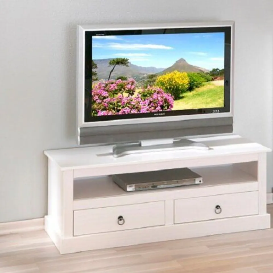 BOXED STANLEY LCD TV UNIT IN WHITE WITH 2 DRAWERS (1 BOX)