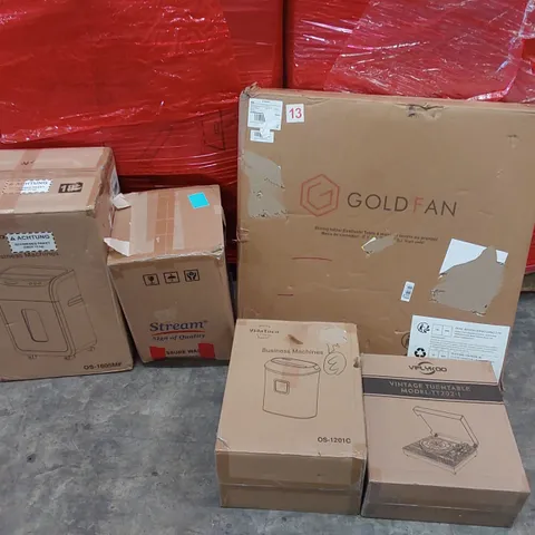 PALLET OF ASSORTED CONSUMER PRODUCTS TO INCLUDE: PAPER SHREDDERS, PRESSURE WASHER, DINING TABLE, VINTAGE TURNTABLE ECT