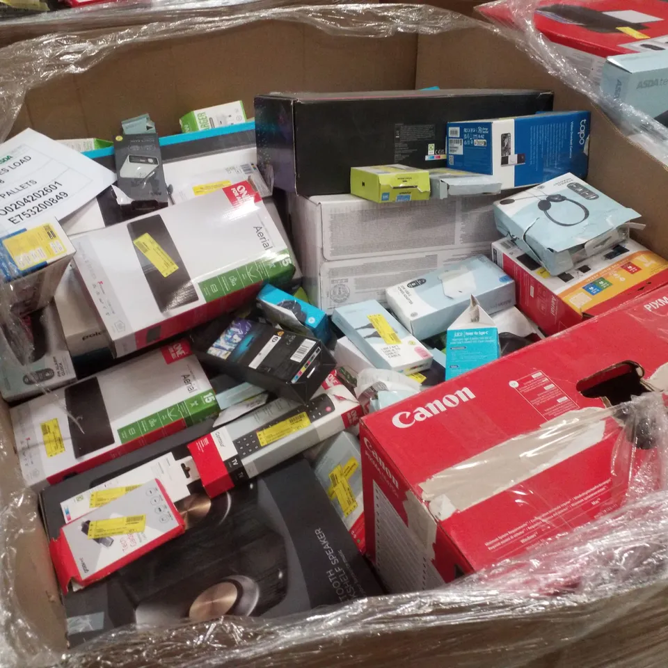 PALLET CONTAINING ASSORTED ELECTRICAL RETURNS INCLUDING 120W SOUNDBAR, PARTY SPEAKER SYSTEM, BLUETOOTH CD BOOMBOX, UNIVERSAL REMOTE, AERIAL & HP PRINTER