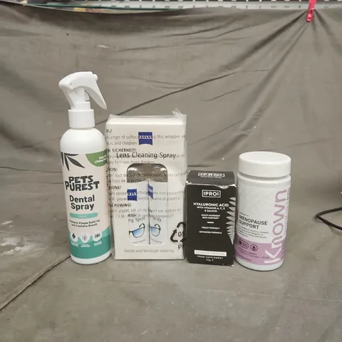 TOTE OF APPROXIMATELY 20 ASSORTED HEALTHCARE PRODUCTS TO INCLUDE PETS PUREST DENTAL SPRAY - LENS CLEANING SPRAY AND KNOWN MENOPAUSE SUPPORT SUPPLEMENTS