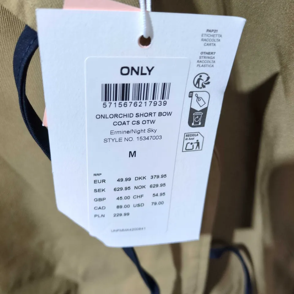 ONLY WOMEN'S ORCHID SHORT BOW COAT – KHAKI WITH NAVY COLLAR, SIZE M