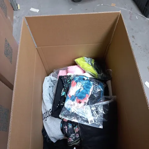 BOX OF APPROXIMATELY 20 ASSORTED CLOTHING ITEMS IN DIFFERENT COLOURS, SIZES AND STYLES