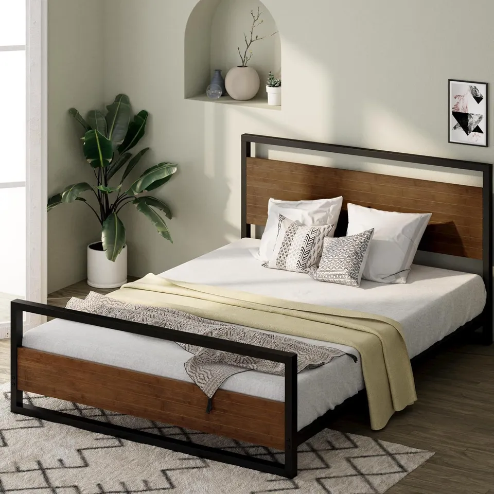 BOXED ZINUS SUZANNE METAL BED FRAME WITH WOODEN HEADBOARD & FOOTBOARD - BLACK/BROWN (1 BOX)
