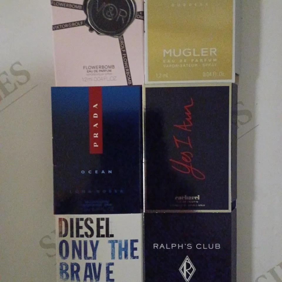 LOT OF 10 FRAGRANCE DIRECT SHARE THE LOVE OF FRAGRANCE BOX TO INCLUDE ALIEN GODDESS, CACHAREL, DIESEL, PRADA, RALPH LAUREN, AND V&R 1.2ML SAMPLE SPRAYS