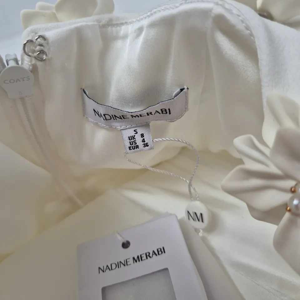 NADINE MERABI WHITE SATIN DRESS WITH FLORAL STRAP DETAILING – UK 8 (US 4, EUR 36)