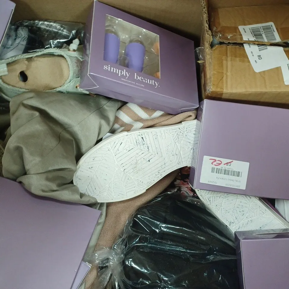 BOX OF APPROXIMATELY 20 ASSORTED HOUSEHOLD, CLOTHING, AND FOOTWEAR ITEMS IN VARIOUS STYLES, COLOURS, AND SIZES - COLLECTION ONLY