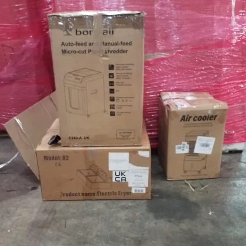 PALLET OF ASSORTED HOUSEHOLD GOODS AND PRODUCTS TO INCLUDE;ELECTRIC FRYER,AIR COOLER,MICRO CUT PAPER SHREDDER