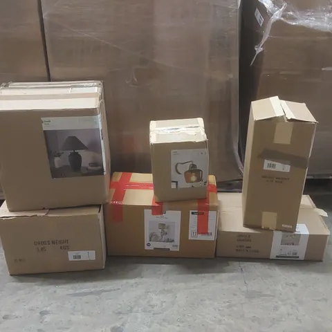 PALLET TO CONTAIN A VERY LARGE QUANTITY OF DESIGNER INDOOR LIGHTING PRODUCTS TO INCLUDE: TABLE LAMP, WALL LIGHTS, CEILING LIGHTS ECT