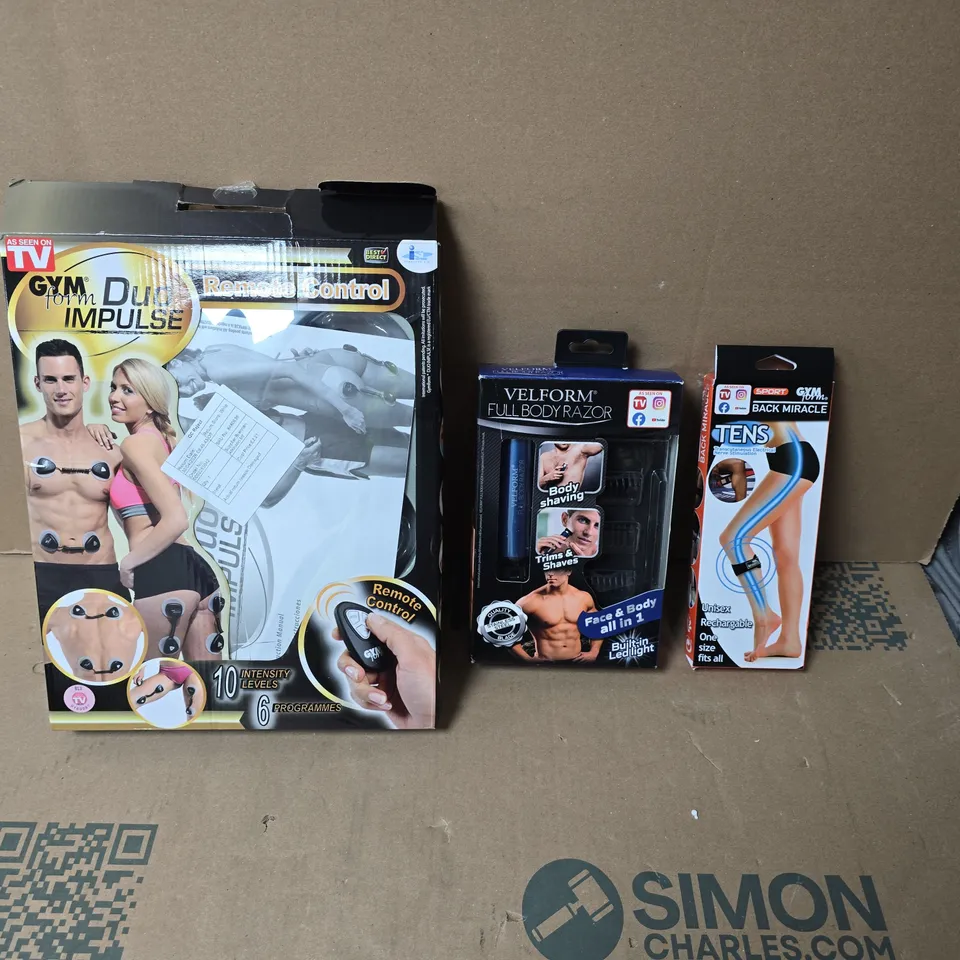 LARGE QUANTITY OF ASSORTED ITEMS TO INCLUDE ELECTRICAL NERVE STIMULATION BAND, FULL BODY RAZOR, DUO IMPULSE, ETC - COLLECTION ONLY