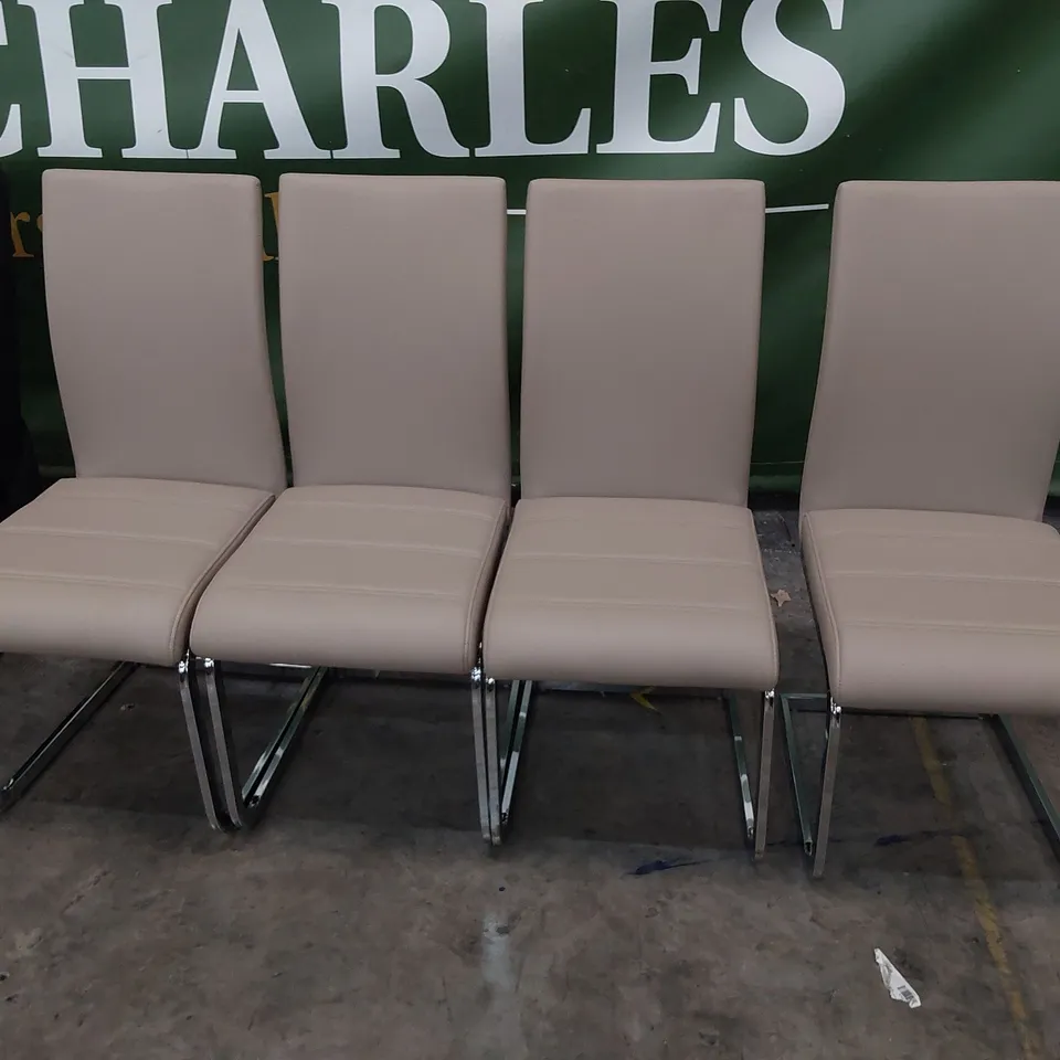 SET OF FOUR UPHOLSTERED DINING CHAIRS FAWN PU ON CHROME FRAME