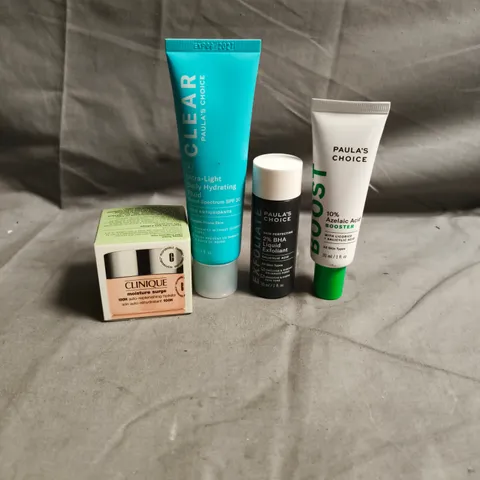 LOT OF 4 ASSORTED SKINCARE PRODUCTS TO INCLUDE - PAULA'S CHOICE 10% AZELAIC ACID BOOSTER - PAULA'S CHOICE ULTRA-LIGHT DAILY HYDRATING FLUID - CLINIQUE MOISTURE SURGE - ETC