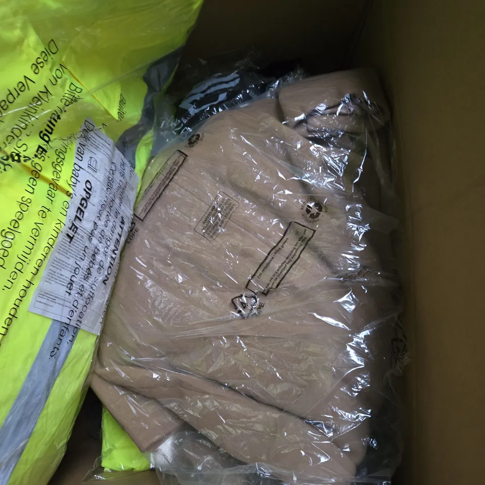 LARGE BOX OF ASSORTED CLOTHING ITEMS IN VARIOUS SIZES, STYLES AND COLOUR 