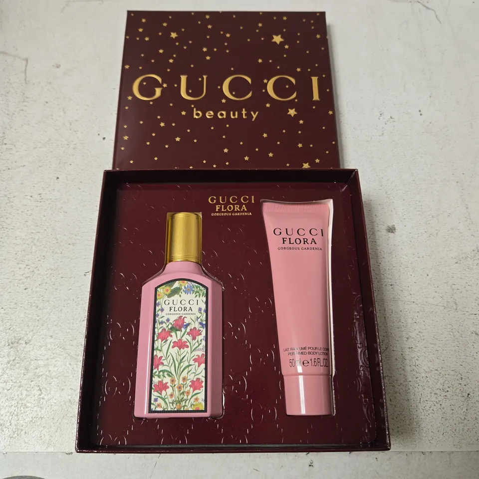 GUCCI FLORA GORGEOUS GARDENIA GIFT SET – PINK FRAGRANCE BOTTLE & 50ML BODY LOTION IN GUCCI BEAUTY BOX