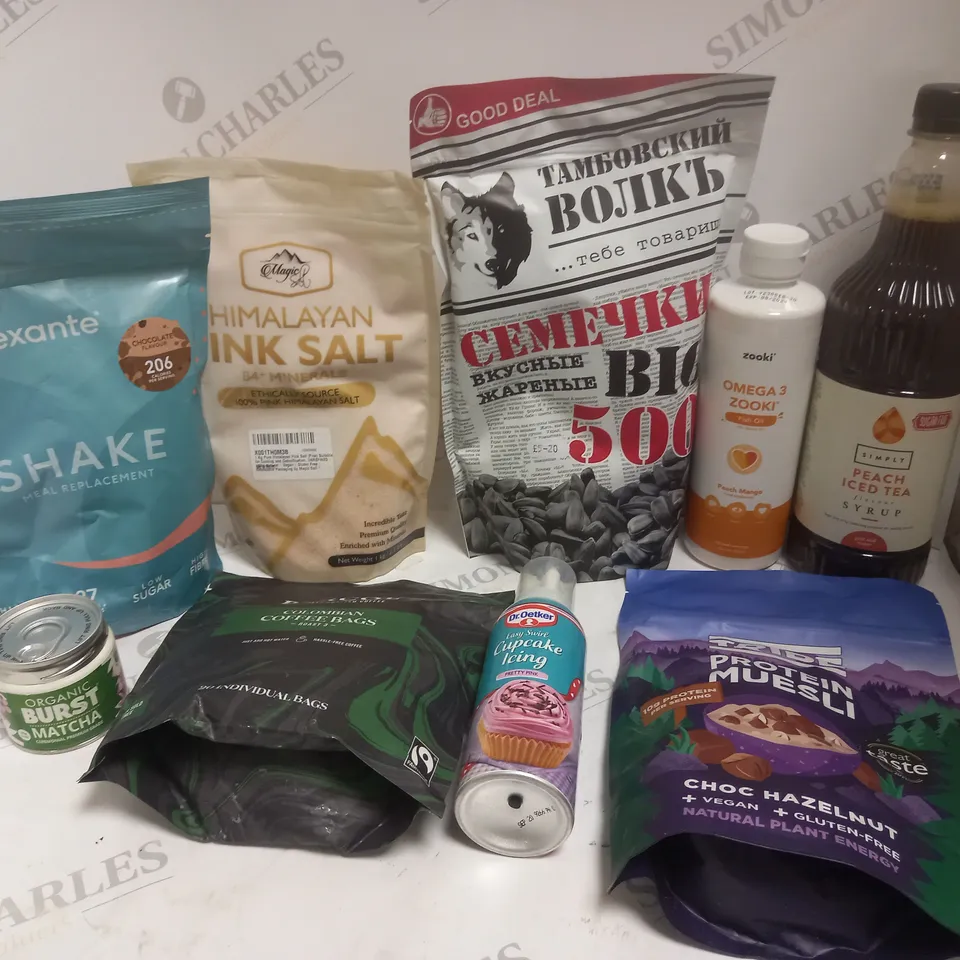 APPROXIMATELY 15 ASSORTED FOOD & DRINK PRODUCTS TO INCLUDE HIMALAYAN PINK SALT, ZOOKI FISH OIL, TRIBE PROTEIN MUESLI ETC 