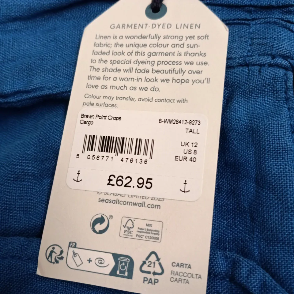 SEASALT CORNWALL GARMENT-DYED LINEN STRAIGHT CROP TROUSERS IN BLUE – TALL, UK 12