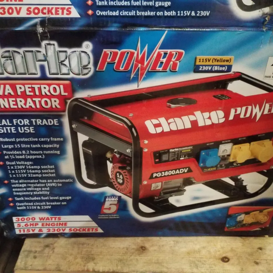 BOXED CLARKE PG3800ADV 3KVA DUAL VOLTAGE (230/110V) PETROL GENERATOR