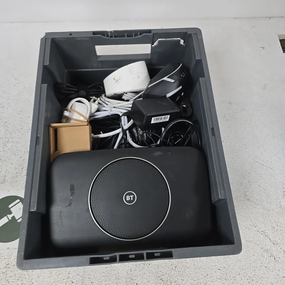 BOX CONTAINING A MIX OF APPROXIMATELY 15 ASSORTED ITEMS INCLUDING ROUTER, REMOTES, CHARGERS ETC.