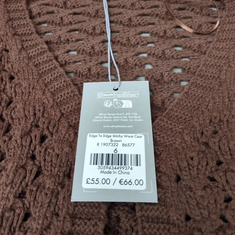 OLIVER BONAS BROWN EDGE TO EDGE STITCHY WAIST COAT WITH TAGS SIZE 6