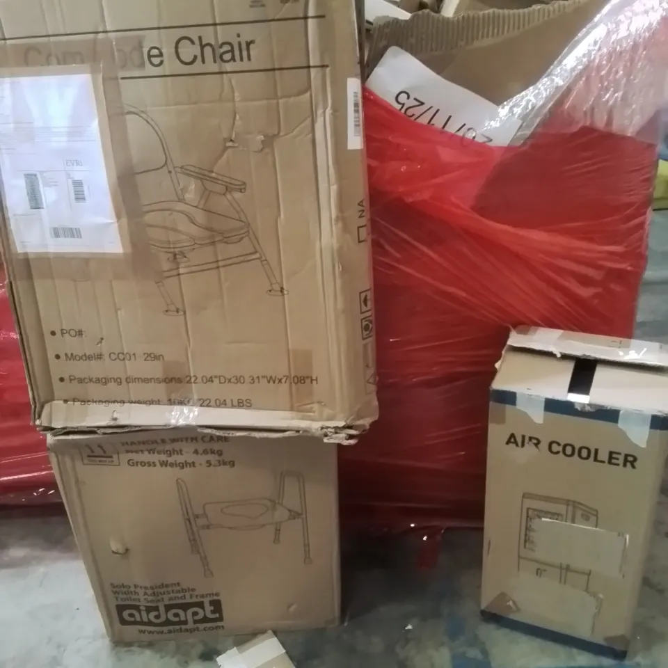 PALLET OF ASSORTED HOUSEHOLD GOODS AND PRODUCTS TO INCLUDE;COMMODE CHAIR,ADJUSTABLE TOILET SEAT,AIR COOLER