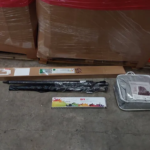 PALLET OF ASSORTED ITEMS INCLUDING: ELECTRIC BLANKET, LED CEILING LIGHTS, FOLDING BED , UMBRELLAS