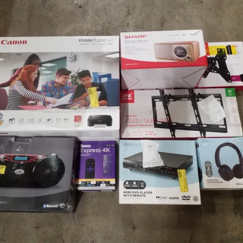 PALLET CONTAINING ASSORTED ELECTRICAL PRODUCTS INCLUDING CANON PIXMA TS3350 PRINTER, DIGITAL RADIO, UNIVERSAL TV WALL MOUNTS, HDMI DVD PLAYER, WIRELESS HEADPHONES & UNIVERSAL REMOTE 