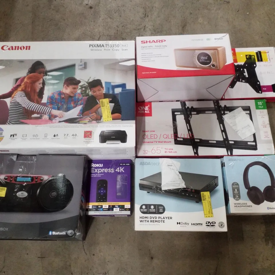 PALLET CONTAINING ASSORTED ELECTRICAL PRODUCTS INCLUDING CANON PIXMA TS3350 PRINTER, DIGITAL RADIO, UNIVERSAL TV WALL MOUNTS, HDMI DVD PLAYER, WIRELESS HEADPHONES & UNIVERSAL REMOTE 