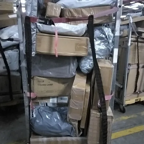 CAGE OF ASSORTED HOUSEHOLD GOODS TO INCLUDE CEILING LAMP, CAST IRON GRILL PAN AND LITTER BOX